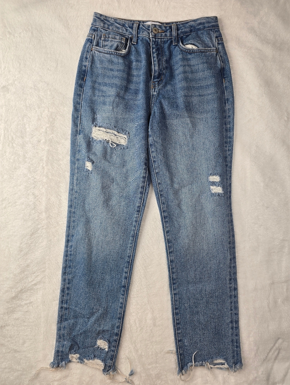 Vervet High Rise Straight Leg Jeans Sz 25 Distressed Raw Hem Light Wash Mom Jean